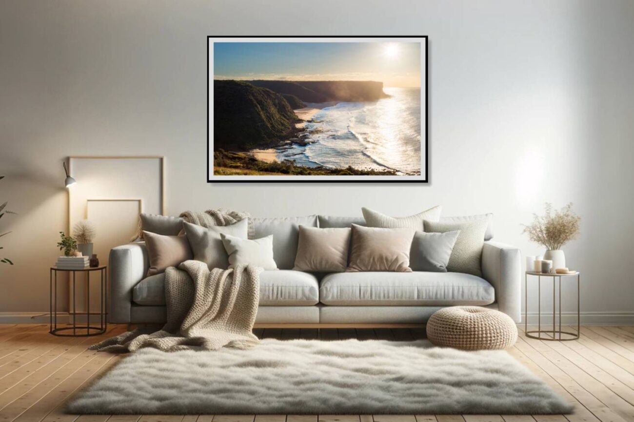 Living room art: Sunrise at Little Garie Beach casting a golden glow on cliffs and waters, peaceful morning photo for the living room.