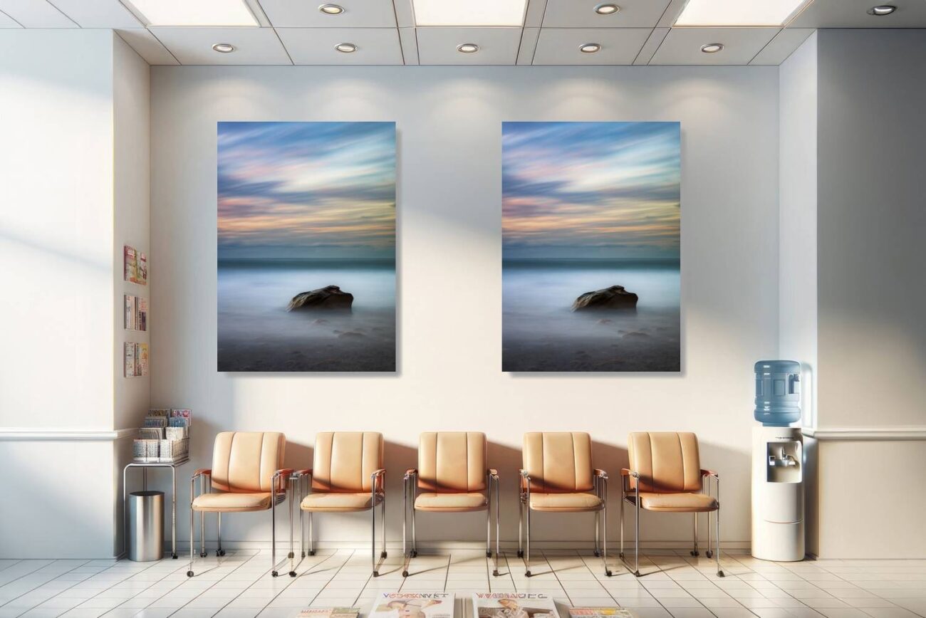 Medical office art: Soft waves and a lone rock at Werrong Beach at sunrise, depicted in minimalist wall art, soothing for medical settings.