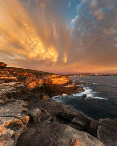 Sunset skies ablaze with golden and orange hues over Malabar Headland National Park in golden wall art.
