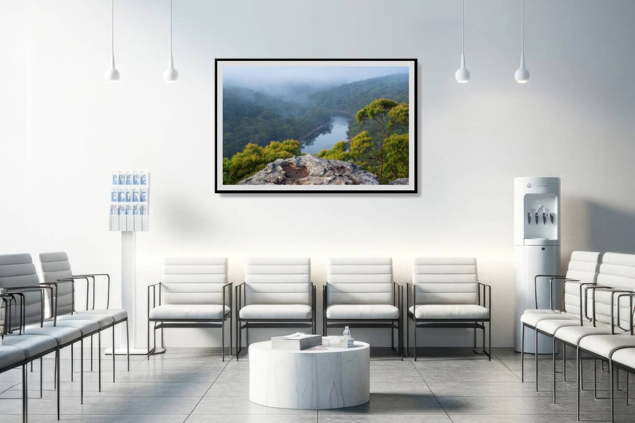 Medical office art: Tranquil scene of a mist-covered river in Royal National Park, ideal for creating a calming atmosphere in medical settings.
