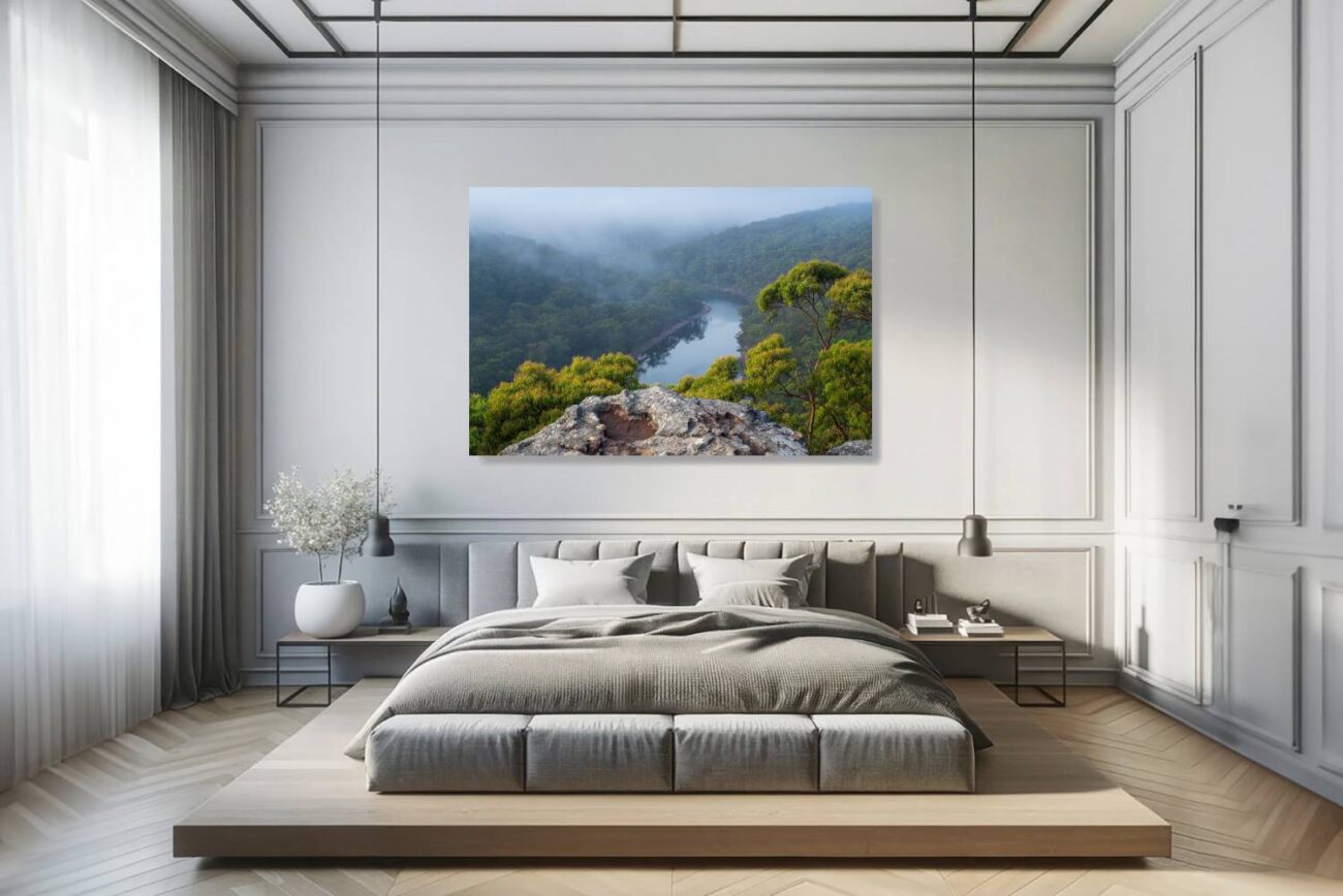 Bedroom art: Ancient landscape of Royal National Park with a mist-covered river, perfect for serene bedroom wall art.