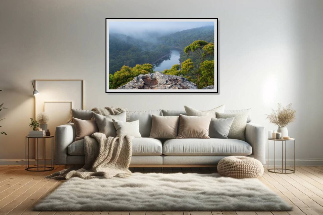Living room art: Overlooking a mist-covered river winding through Royal National Park, a timeless landscape piece for the living room.