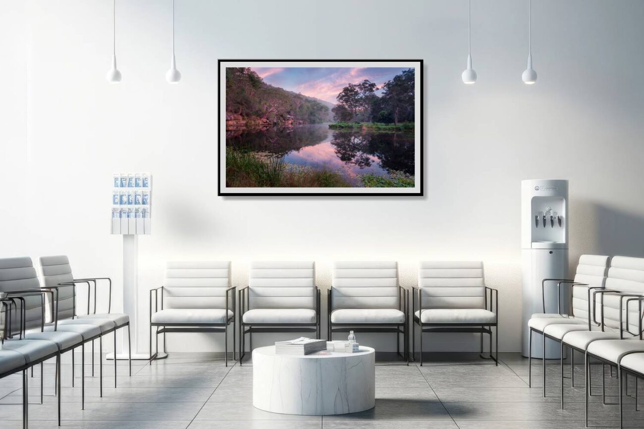 Medical office art: Tranquil forest art of Royal National Park, early morning reflections on water, soothing for medical spaces.