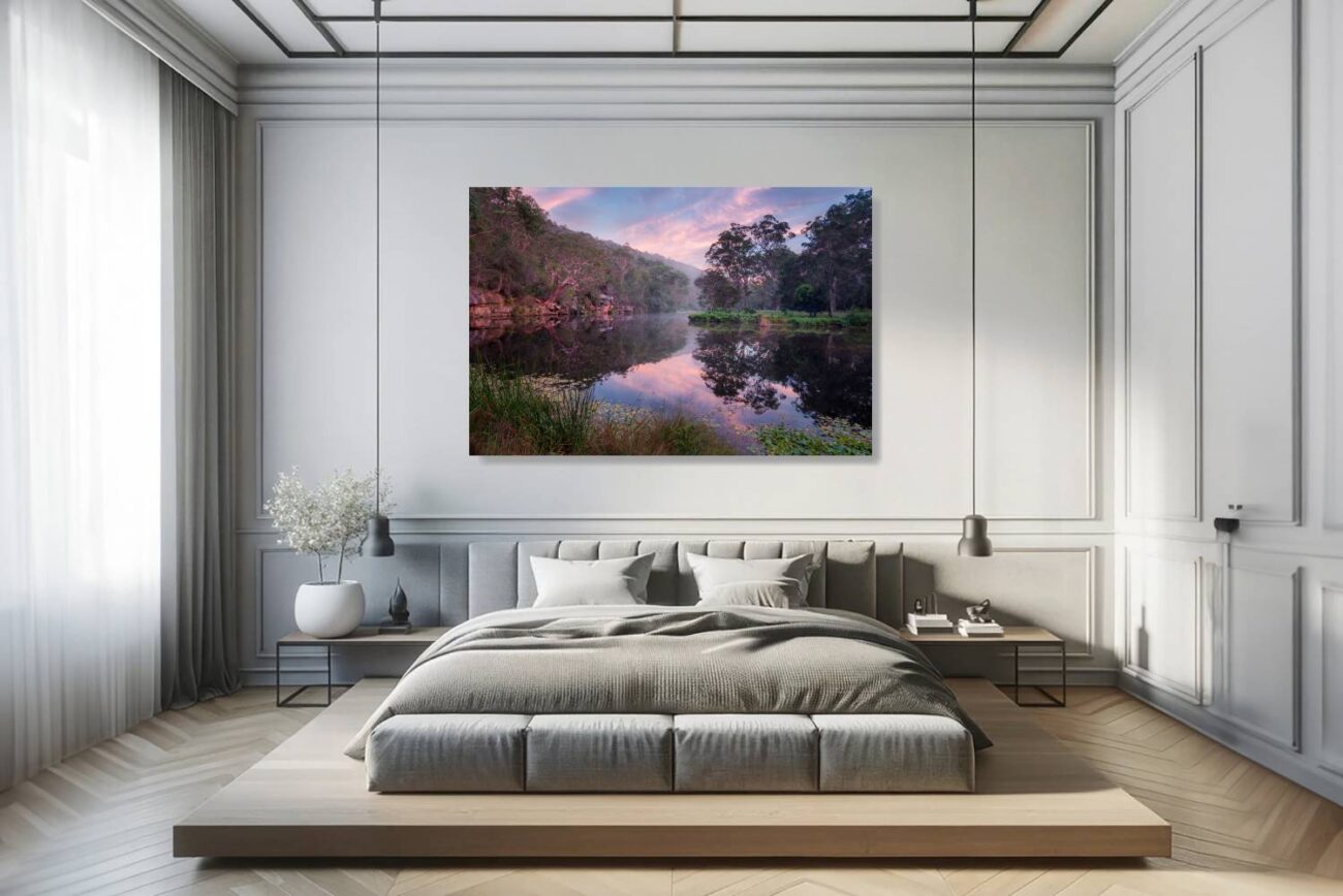 Bedroom art: Soft hues and calm waters of Royal National Park at dawn, peaceful forest art for bedroom relaxation.