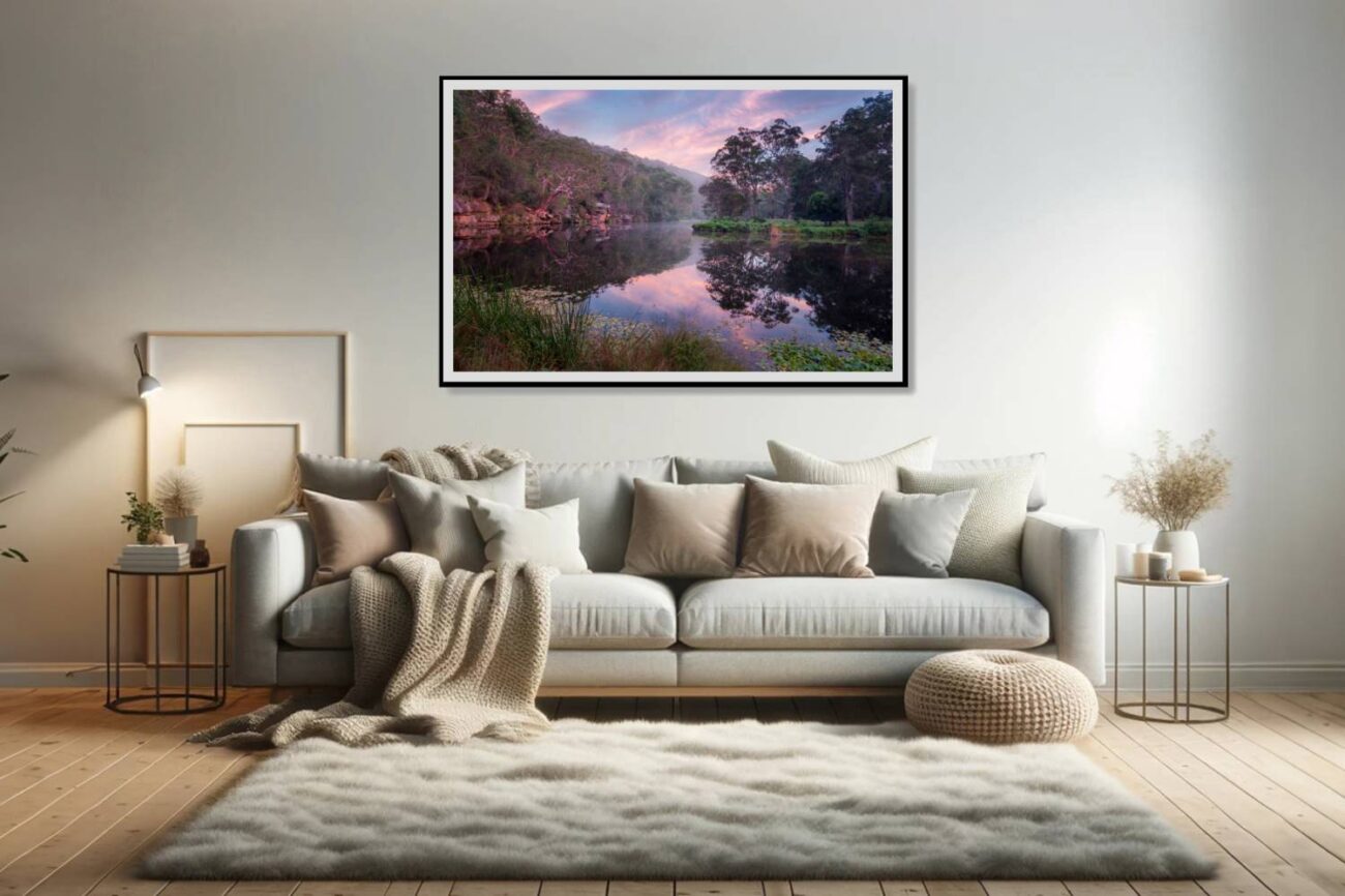 Living room art: Serene early morning at Royal National Park, soft hues reflecting on calm waters, perfect as forest art for the living room.