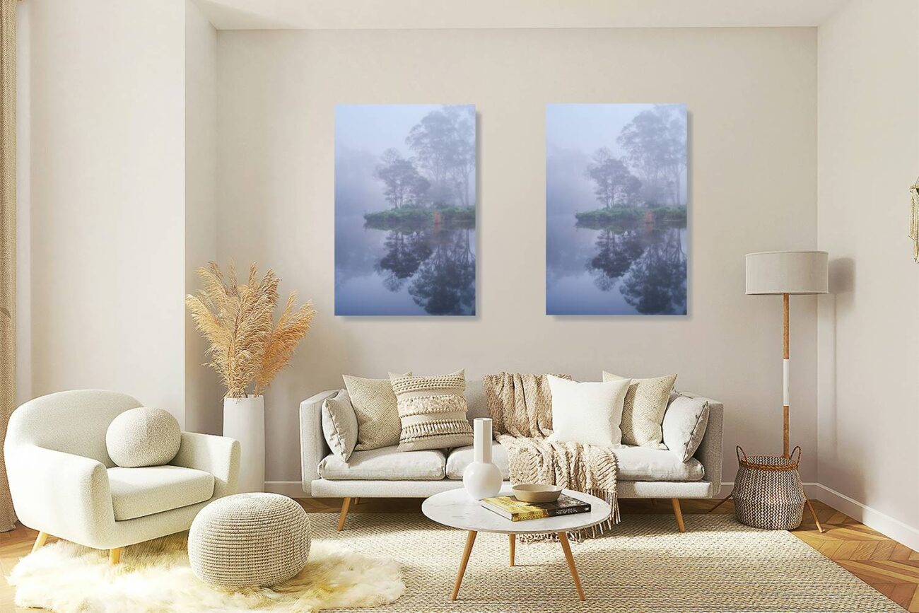 Living room art: Royal National Park photo featuring graphic-like fog over water, perfect for minimalist living room wall art.