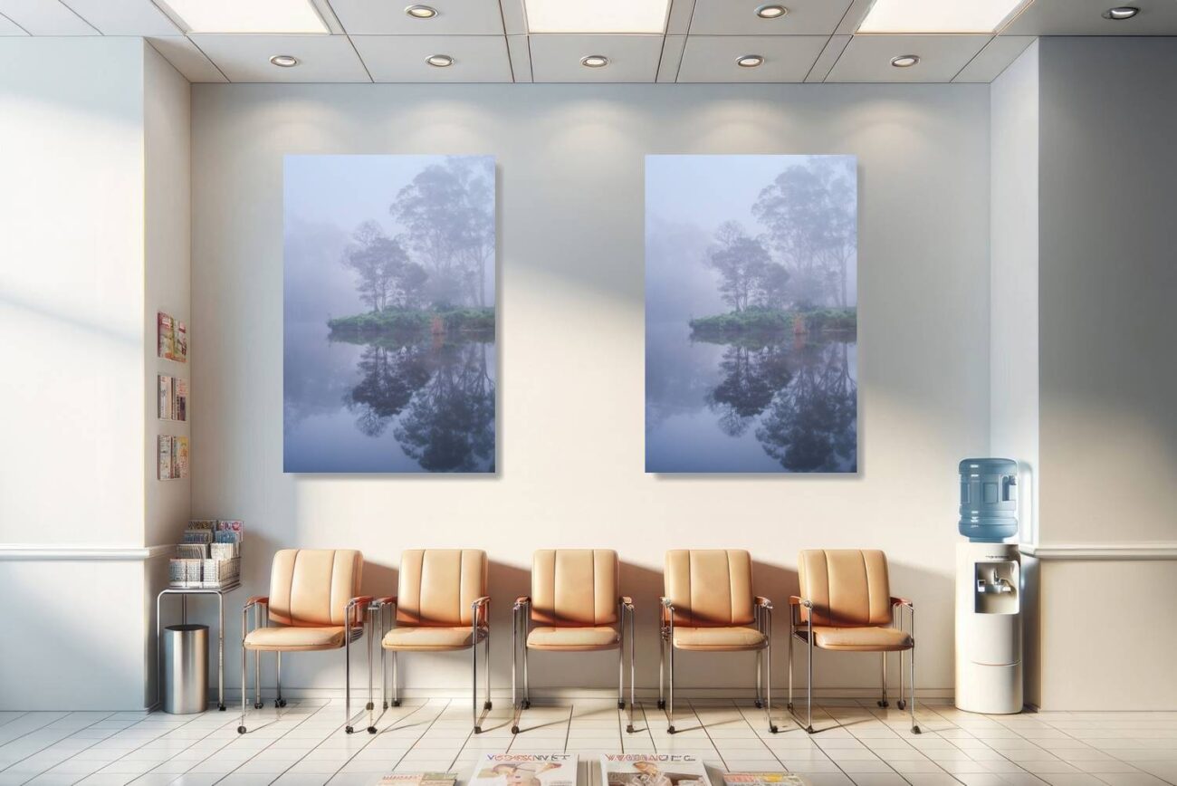 Medical office art: Serene and minimalist wall art of fog over water in Royal National Park, soothing for medical environments.
