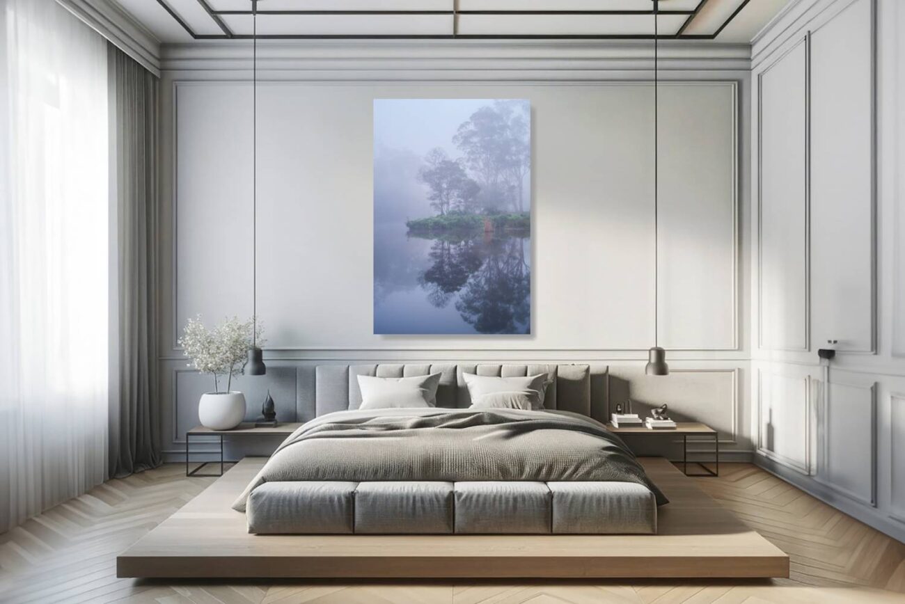 Bedroom art: Minimalist wall art of Royal National Park, subtle fog over water creating a tranquil bedroom setting.