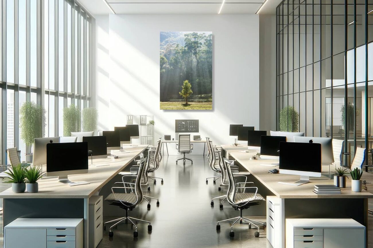 Office art: A verdant canopy with sunlight filtering through, uplifting forest scene for office environments.