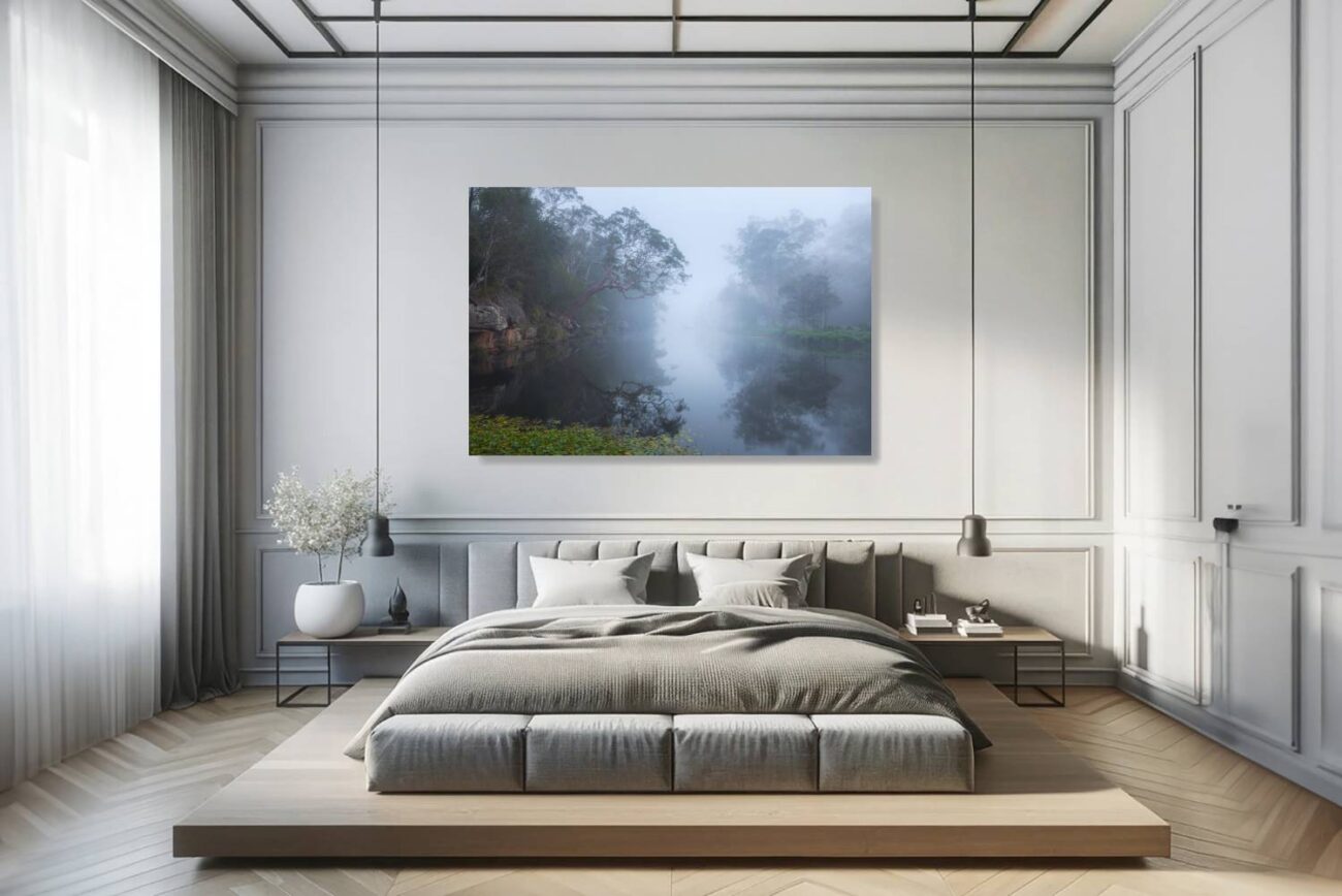 Bedroom art: Serene nature print of a foggy morning at Royal National Park, ideal for peaceful bedroom decor.