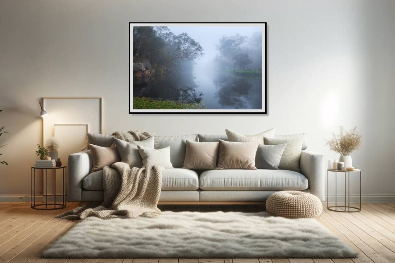 Living room art: Tranquil morning at Royal National Park, fog over calm waters captured in a serene nature print.