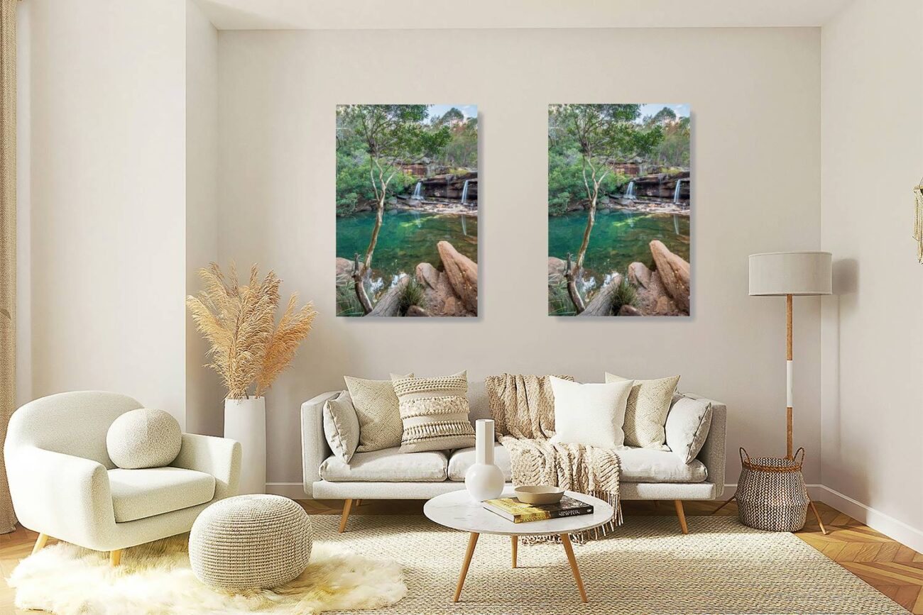 Living room art: Tranquil pool in Royal National Park reflecting the sky and waterfall, surrounded by vibrant greenery, perfect for living room decor.