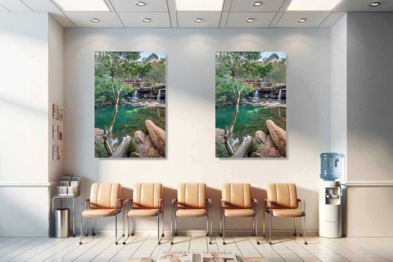 Medical office art: Tranquil pool with sky and waterfall reflections, nestled in vibrant greenery of Royal National Park, soothing for medical settings.