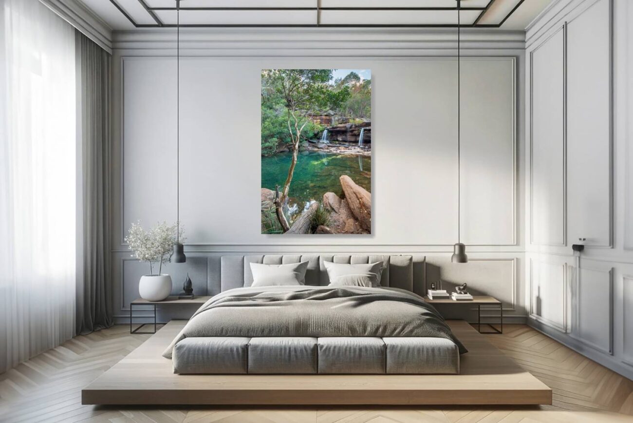 Bedroom wall art: Peaceful reflection of sky and waterfall in a tranquil pool, Royal National Park, ideal for creating a serene bedroom environment.