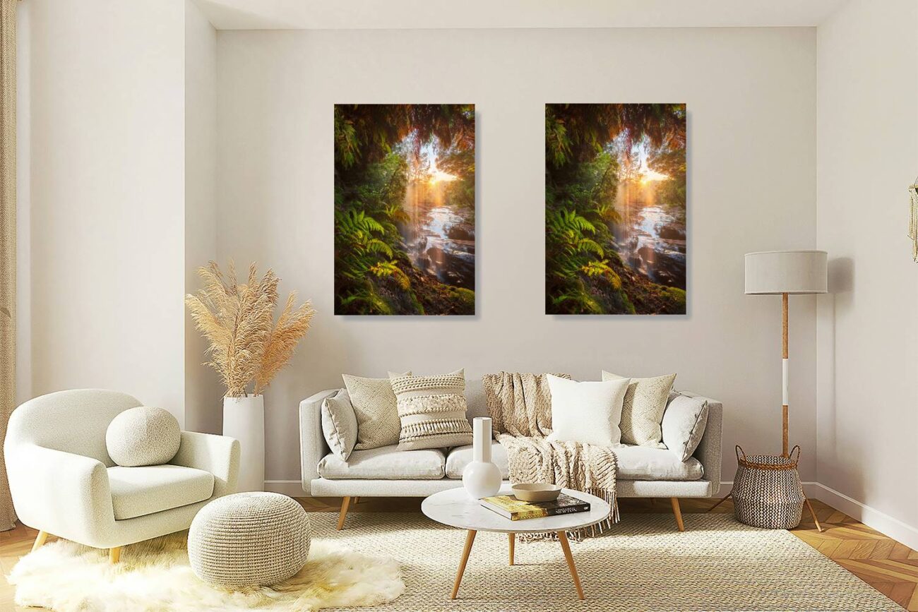 Living room art: "Sun Worship" at Royal National Park, where sunlight filters through a waterfall, ideal for enhancing living room decor.