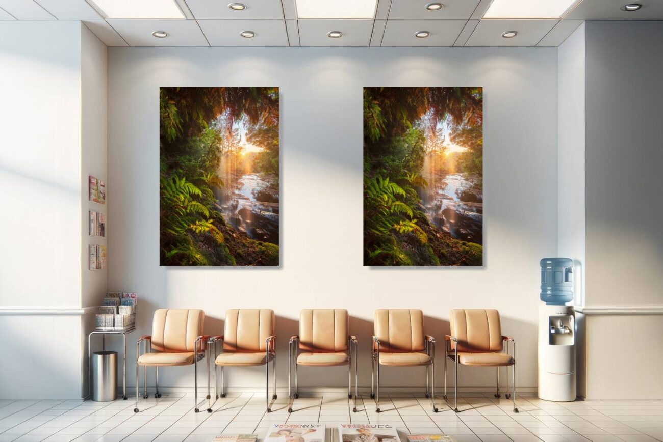 Medical office art: "Sun Worship" from Royal National Park, a soothing scene of sunlight through a waterfall, calming for medical settings.