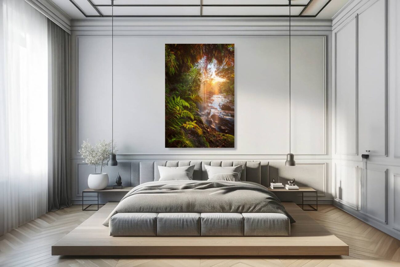 Bedroom art: Serene natural scene, "Sun Worship," with sunlight streaming through a waterfall at Royal National Park, perfect for bedroom tranquility.