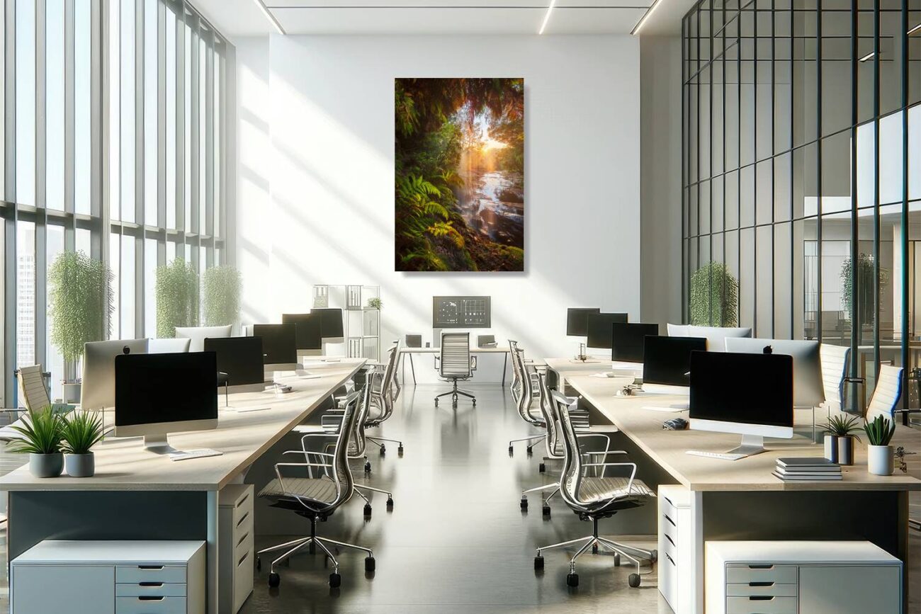 Office art: Office wall art featuring "Sun Worship," a captivating display of sunlight filtering through a waterfall at Royal National Park.