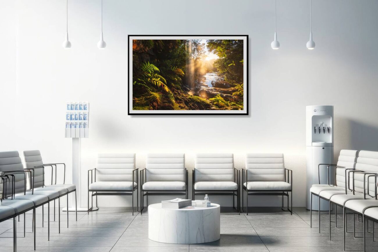 Medical office art: Tranquil "Sunbeam Forest Ritual" from Royal National Park, sunrise beneath a waterfall, soothing for medical environments.