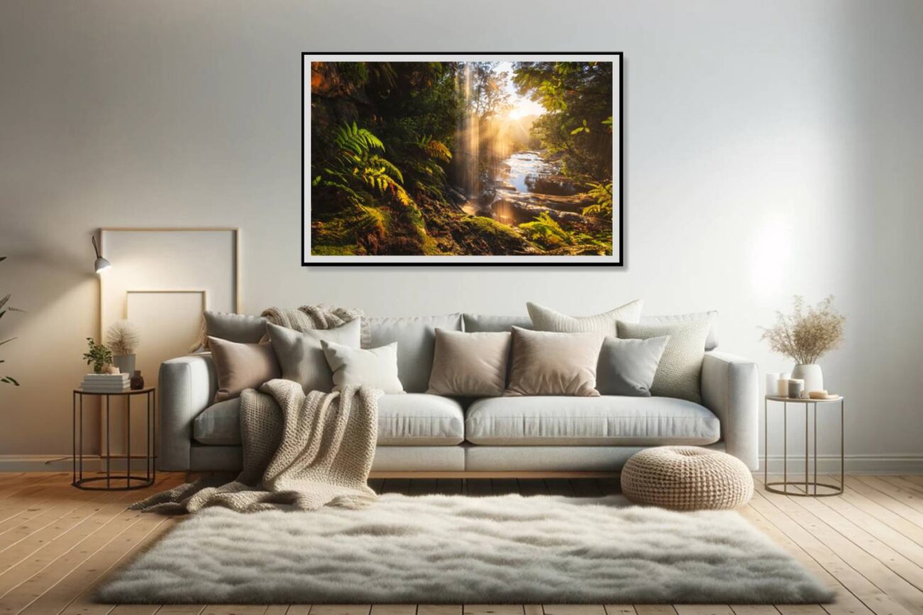 Living room art: "Sunbeam Forest Ritual," a tranquil view of sunrise from under a waterfall in Royal National Park, perfect for living room decor.