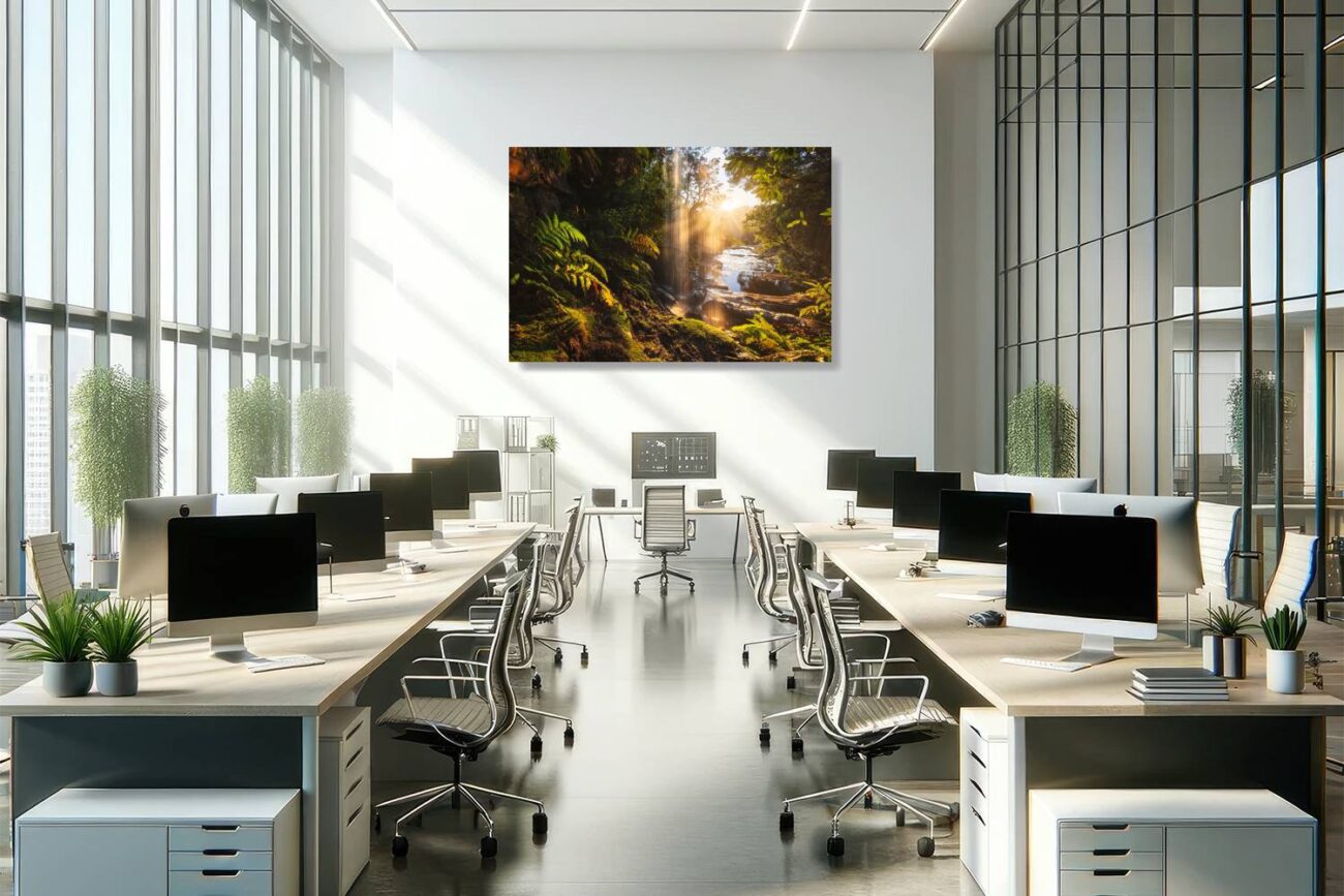 Office art: "Sunbeam Forest Ritual" depicts a sunrise view from under a waterfall, inspiring tranquility in office settings.