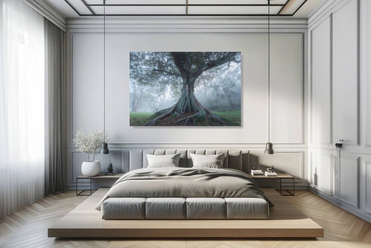 Bedroom art: Nature-inspired art of a majestic gum tree in a misty forest, serene and grounding for bedroom decor.
