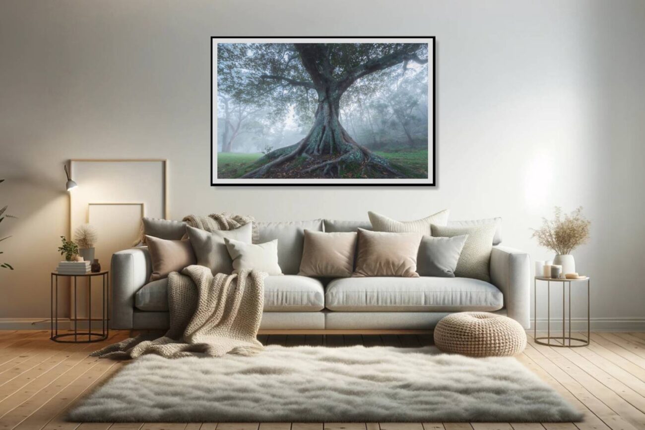 Living room art: Majestic gum tree with sprawling roots in a misty forest, perfect as nature-inspired art for the living room.