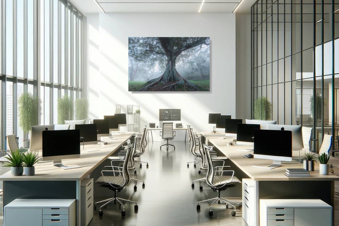 Office art: Majestic gum tree with sprawling roots set in a misty forest, ideal nature-inspired art for office spaces.