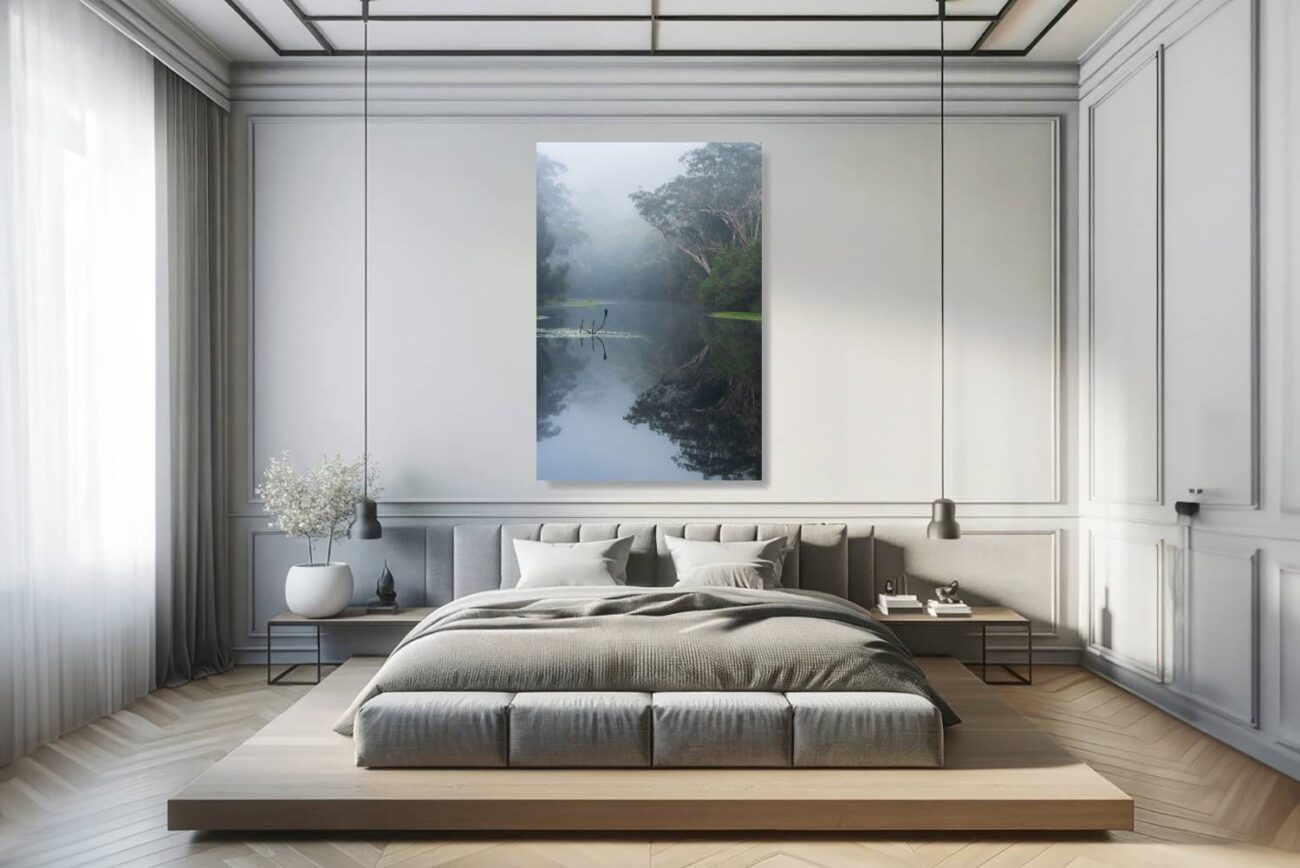 Bedroom art: Tranquil tree art featuring a perfect mirror reflection of Royal National Park's serene forest, soothing for bedroom ambiance.