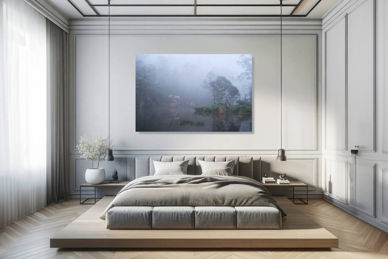 Bedroom art: Enigmatic tree print of a foggy forest in Royal National Park, creating a mysterious ambiance ideal for bedroom settings.