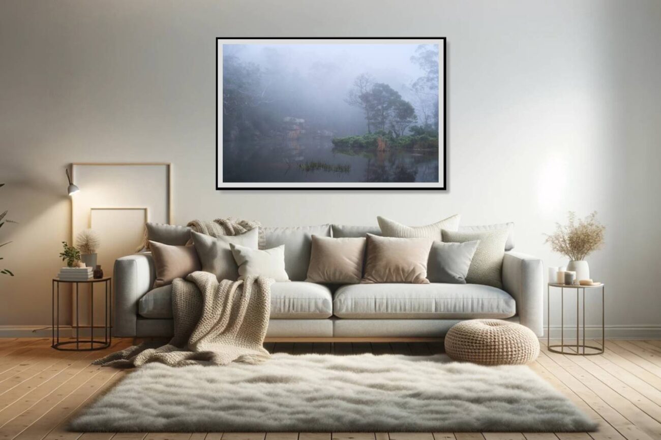 Living room art: Mysterious foggy forest scene from Royal National Park, an enigmatic tree print perfect for adding intrigue to living room decor.