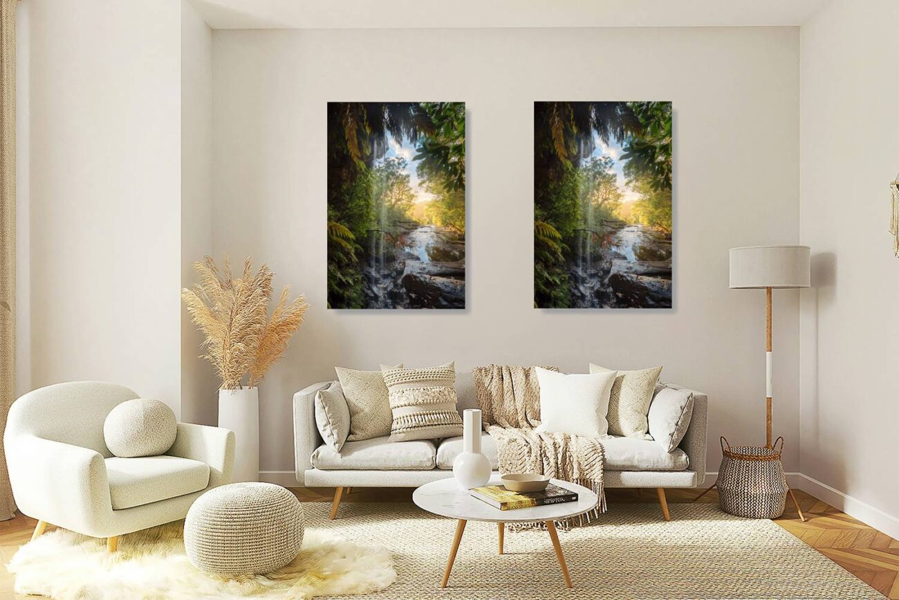 Living room art: Waterfall through vibrant greenery at Royal National Park, a quintessential piece of forest art for the living room.