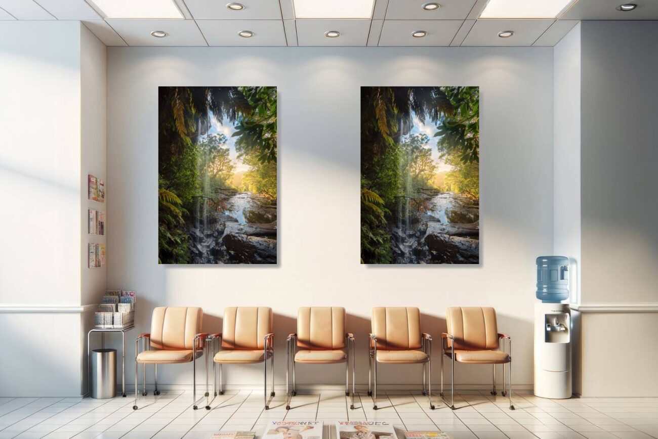 Medical office art: Serene forest art of a waterfall cascading through greenery at Royal National Park, soothing for medical settings.