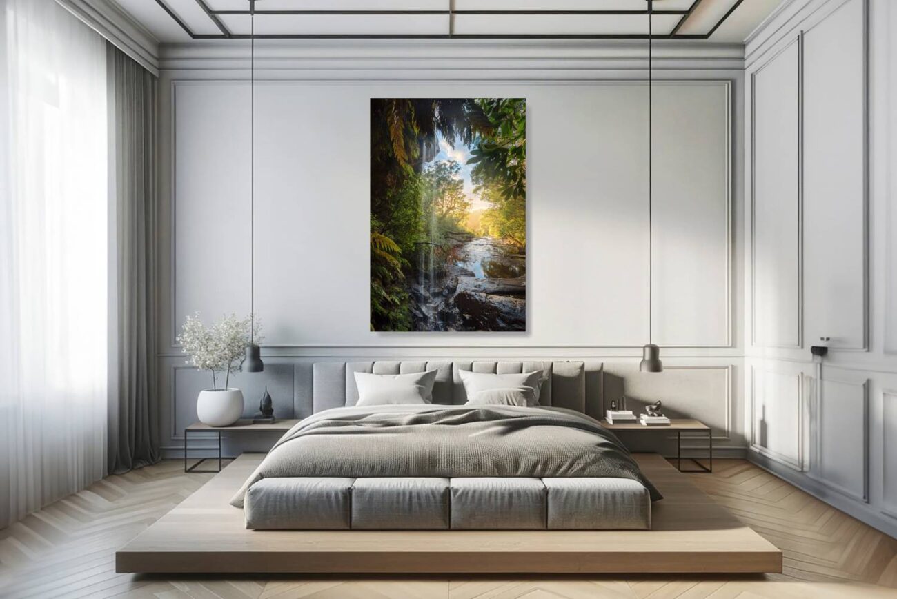 Bedroom art: Tranquil forest art of a waterfall descending through lush greenery at Royal National Park, perfect for bedroom relaxation.