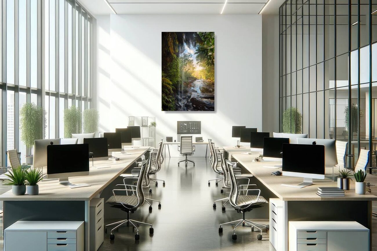 Office art: Forest art depicting a waterfall in Royal National Park, vibrant greenery enhancing office ambiance.