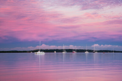 Sunset at Taren Point, with pastel pink and lavender hues creating a fantasy-like nature print. Pink wall art.