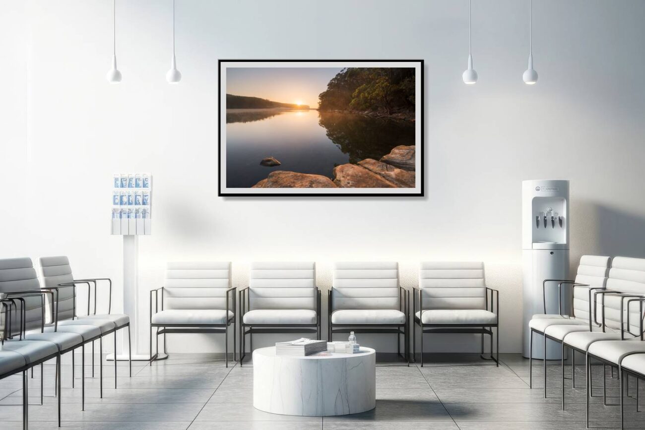 Medical office art: "Tranquil Morning Zen" sunrise artwork at Wattamolla, with serene reflections, ideal for creating a calming medical environment.