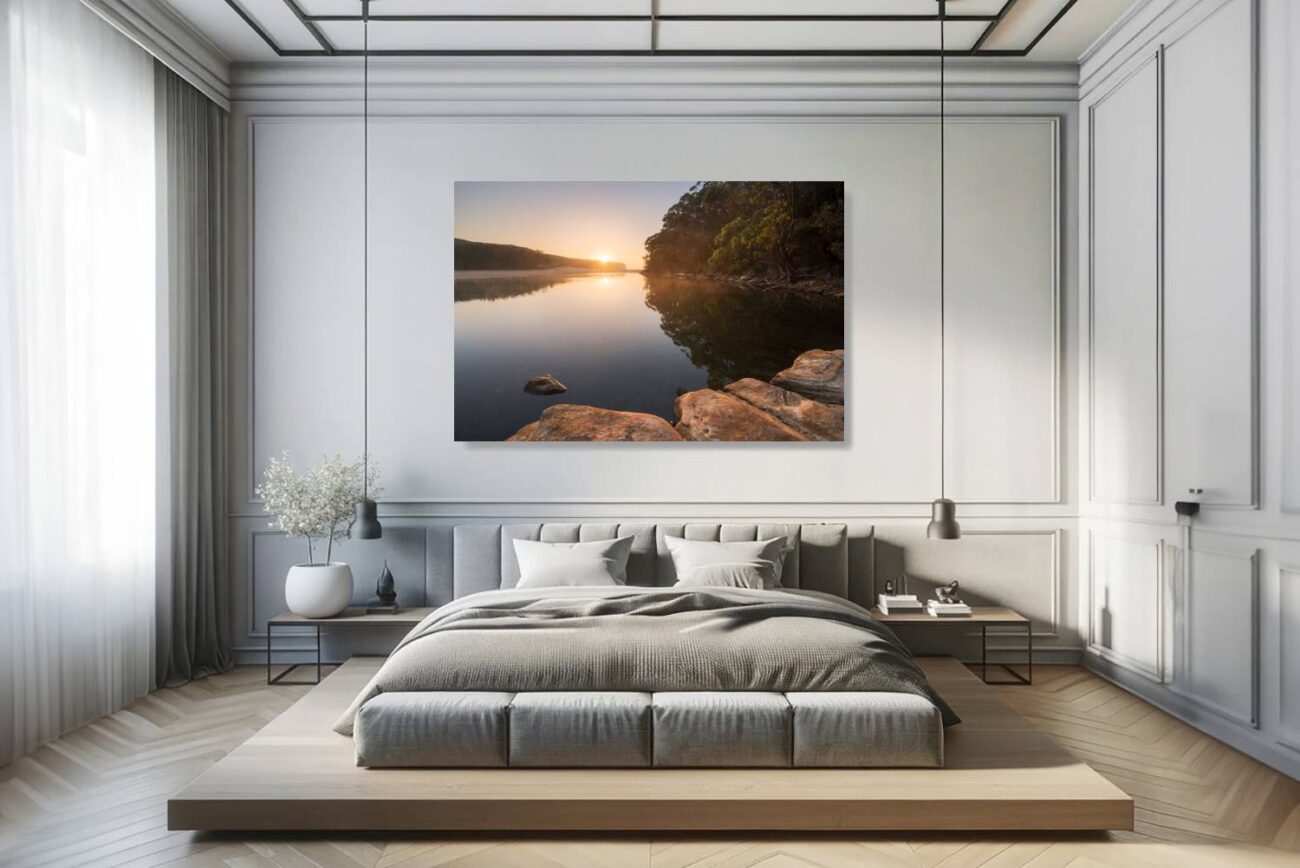 Bedroom art: Sunrise artwork from Wattamolla, titled "Tranquil Morning Zen," showcasing peaceful reflections for calming bedroom decor.