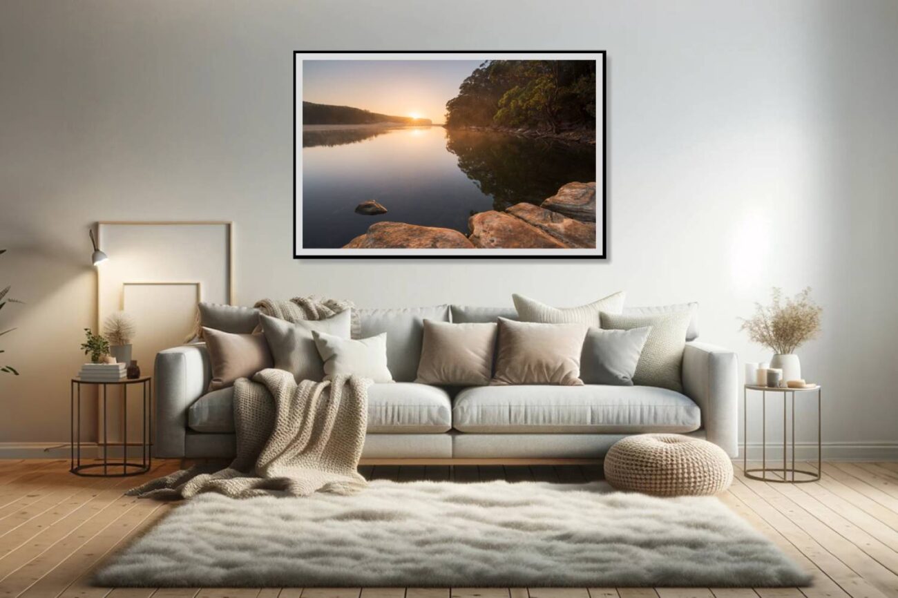 Living room art: "Tranquil Morning Zen" captured at Wattamolla, featuring serene sunrise reflections in soothing artwork.